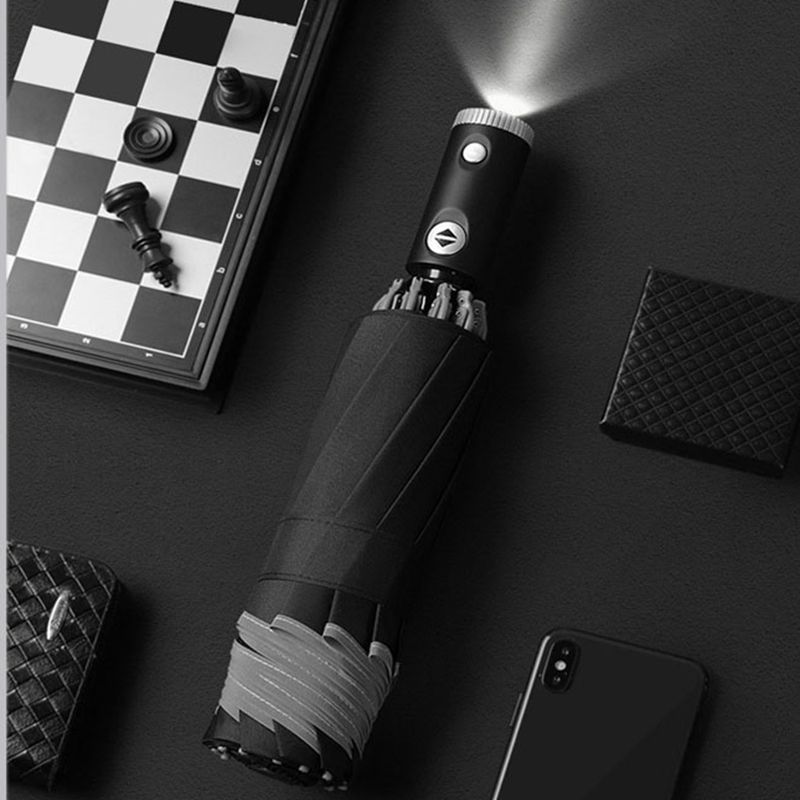 Automatic Umbrella 10 Ribs Windproof Reflective Stripe Umbrella Folding Travel Umbrellas with LED Light Flashlight