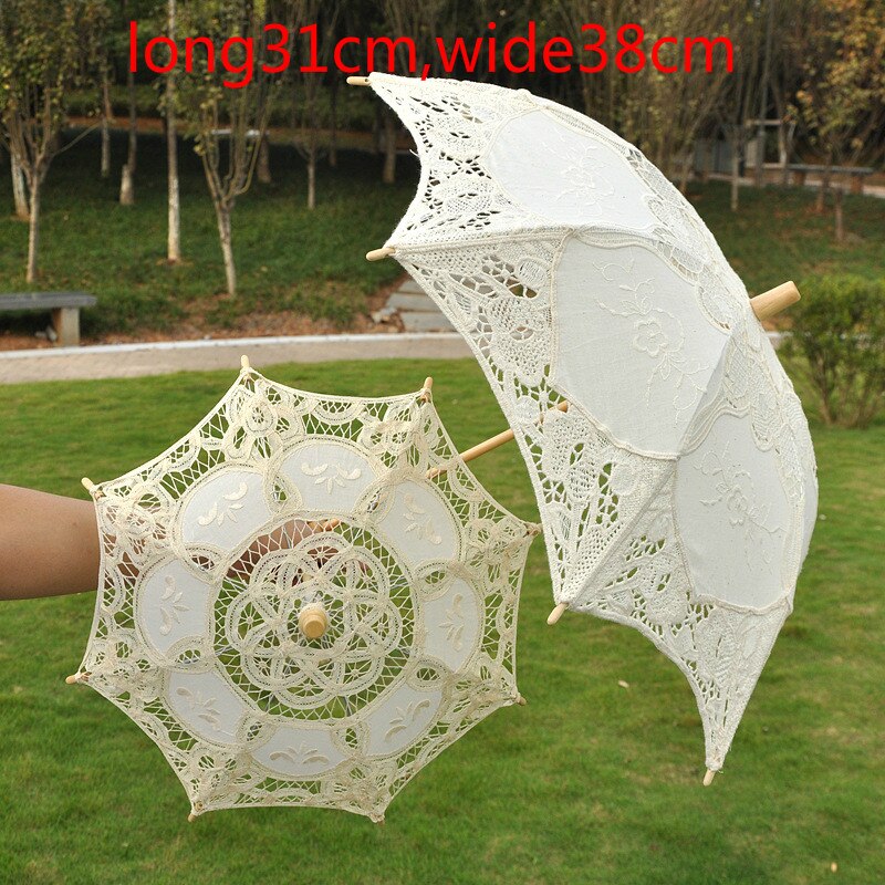 Womens Wedding Bridal Parasol Paraplu Hollow Out Borduren Kant Effen Wit Kleur Romantische Foto Props Met Houten Handvat 8 Ribben: Beige diameter 38cm