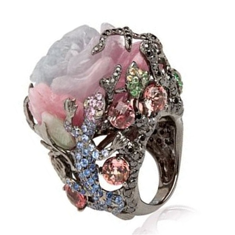 Rosa Fiore Albero Anelli dell'annata per Le Donne retrò Zircone Anello Dei Monili Anello Nero Femmina Commercio tutto'ingrosso Etnico Anelli Delle Signore Delle Donne Boho