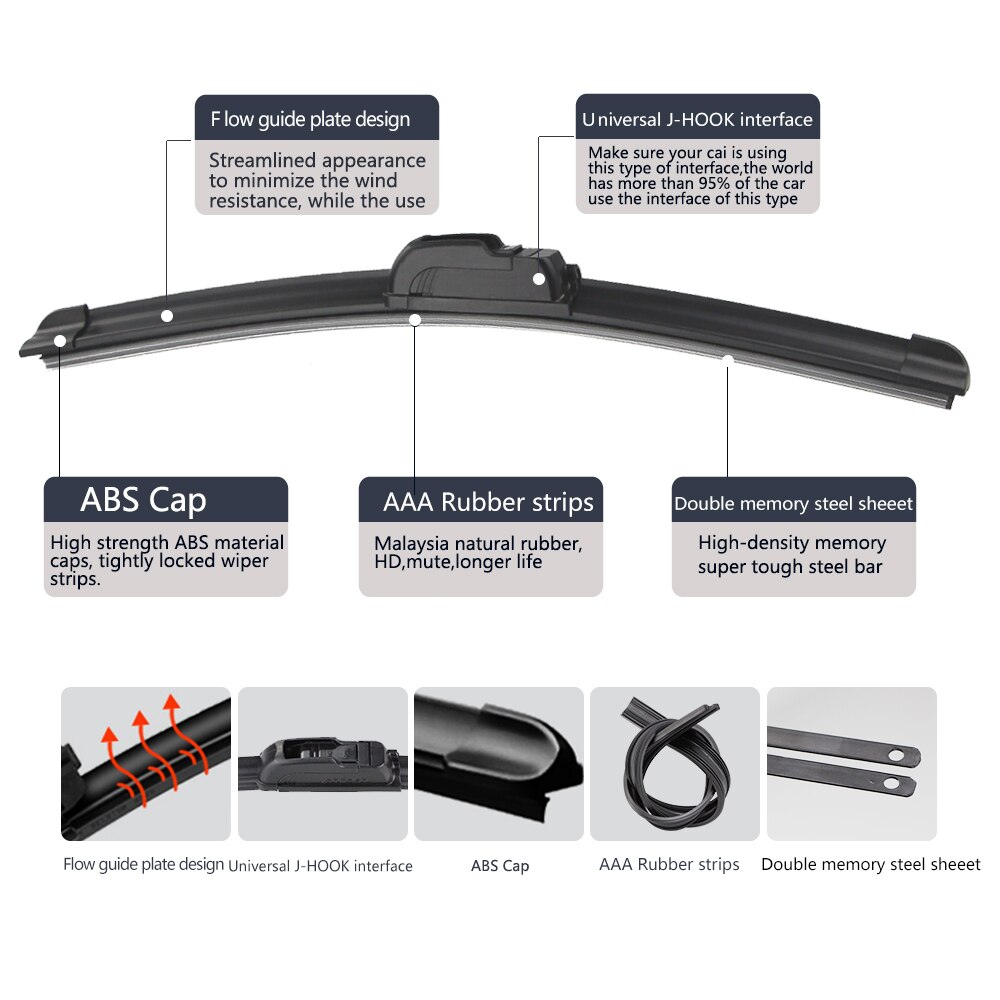 KAWOO Car Wiper Blade U Hook Universal Frameless Bracketless Rubber Car Windshield Wipe Blades 14"16"17"18"19"20"21"22"24"26"28"
