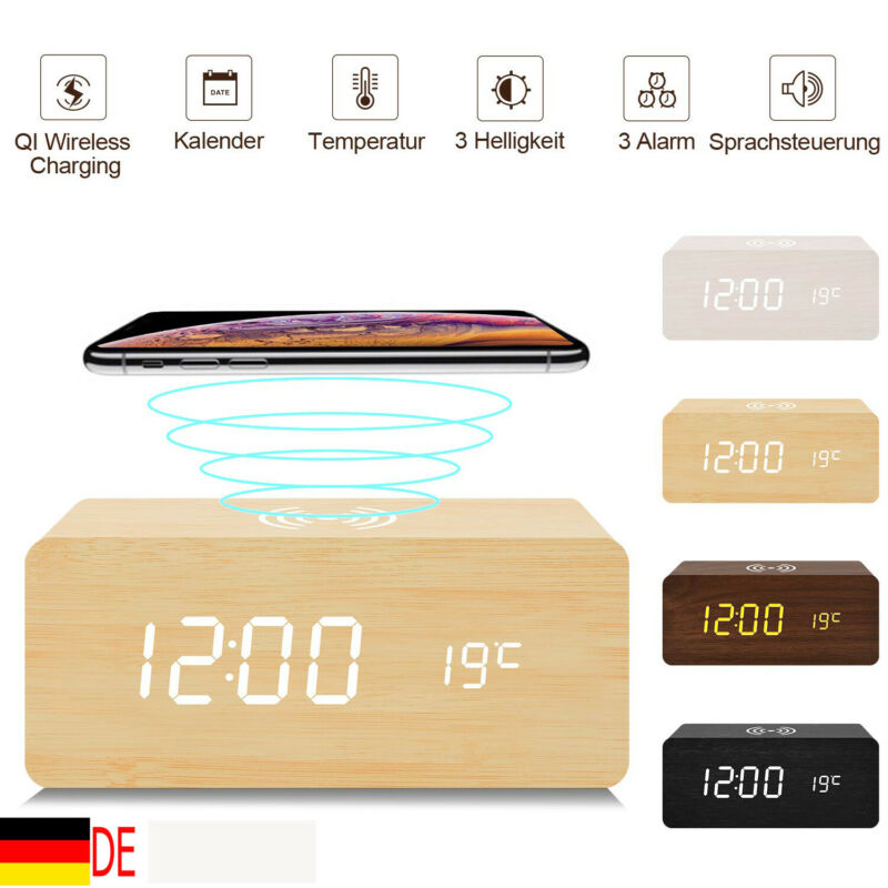 De Led-Wecker Digitale Holztischuhr Mit Datumsanzeige Des Induktionsladegeräts
