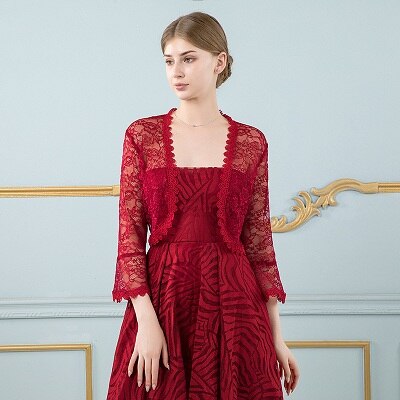 Women Black Lace Jacket for Wedding Dress Long Sleeve Appliqued Boleros Evening Party Wraps: Wine Red