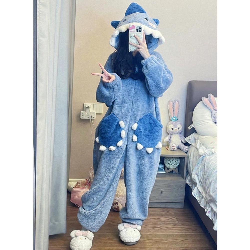 Cartoon Schattige Haai Dames Pyjama Flanellen Capuchon Nachtkleding Pijama Jumpsuit Dames Set Schattige Pyjama Halloween Party Loungewear