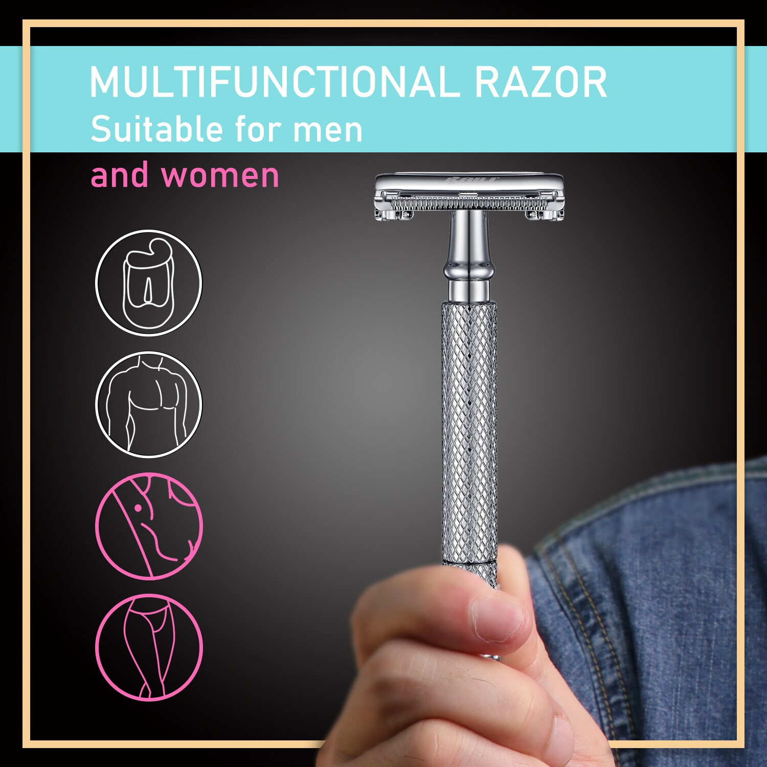 BAILI Butterfly TTO Long Handle Double Edge Safety Razor Wet Shaving for Men Women with 10 Platinum Blades Silver Black