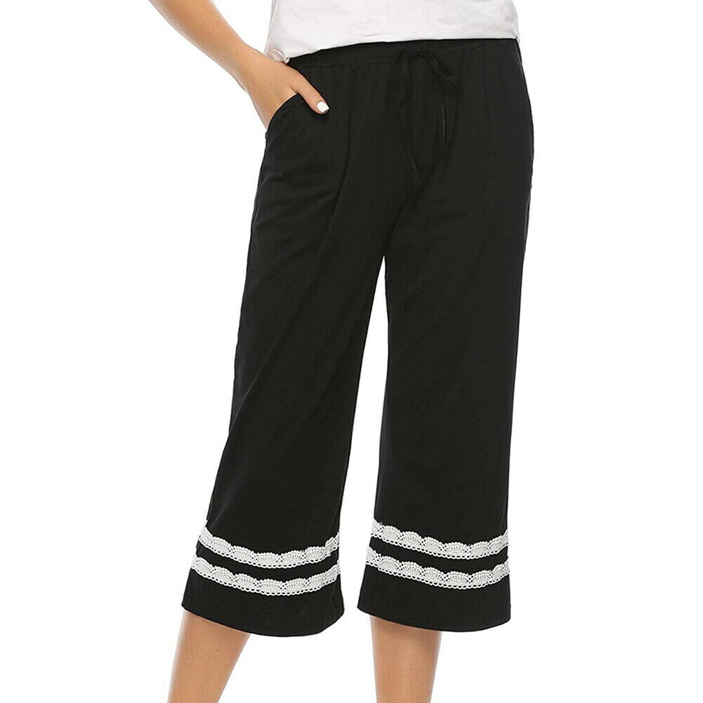 Pyjama de nuit pour femme, culotte courte, culotte courte, vêtement de nuit mi-mollet, taille ajustable, collection automne, décontracté: Black / S