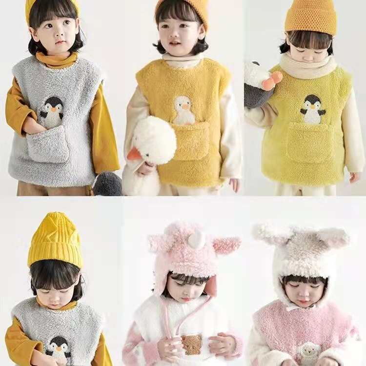 Chłopięca i dziewczęca kamizelka jesienno-zimowa ciepła dla dzieci kreskówka aksamitna kamizelka bez rękawów z dekoltem w kształcie litery "o" kamizelka dziecięca z jagnięciny dziewczęca śliczna gruba kamizelka