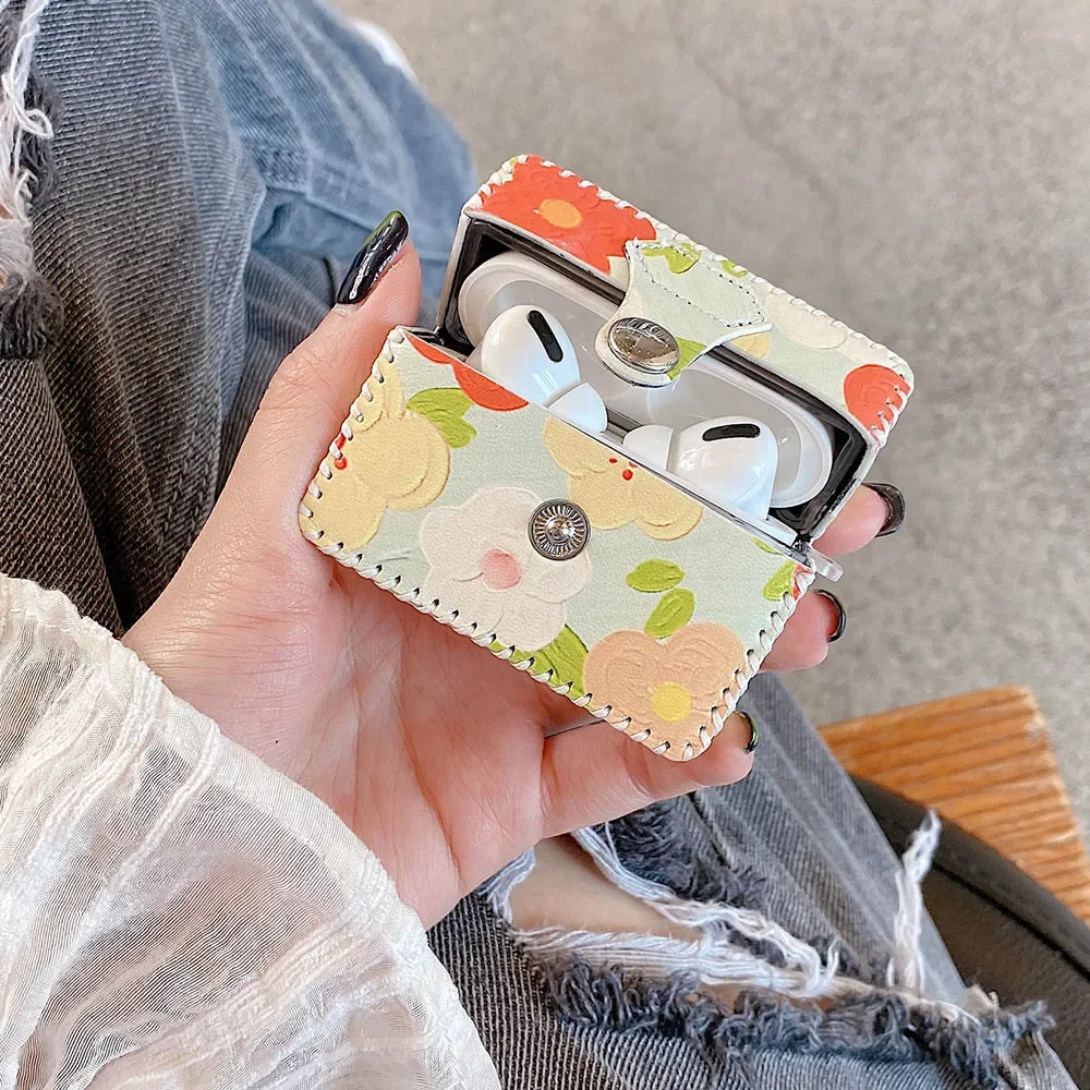Étui Airpods 4 2 1 3 pour écouteurs, peinture à l'huile de fleurs, housse en cuir Vintage pour AirPod Pro, boîte de Protection