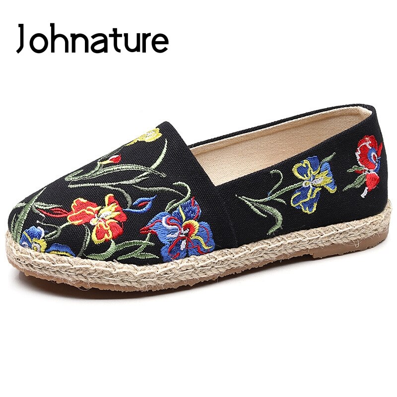 Johnature wiosna/jesień ręcznie haftowane kwiaty swobodne płytkie wsuwane lniane bawełniane buty rybackie damskie płaskie