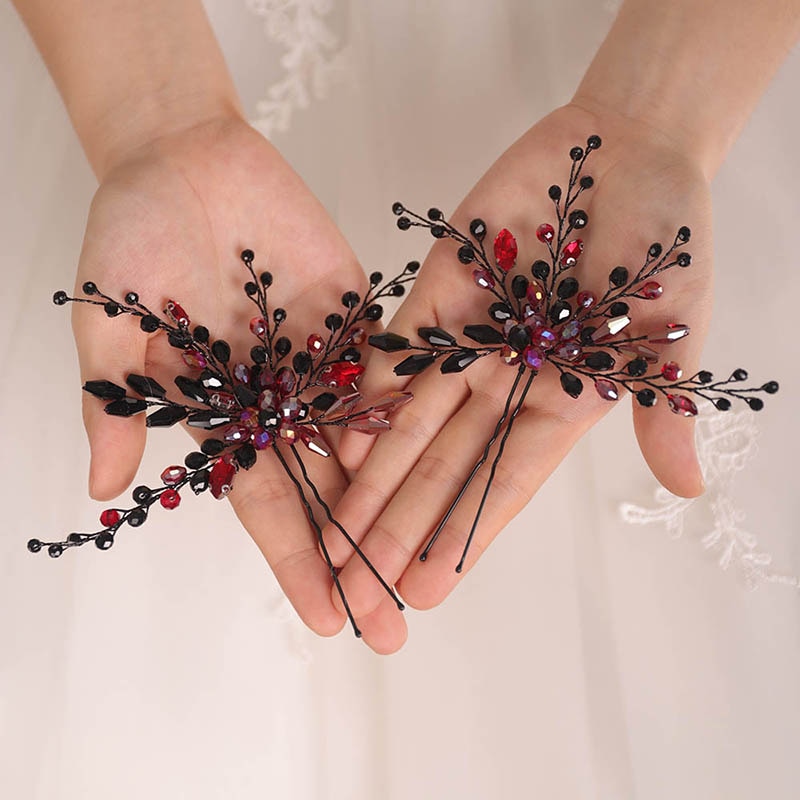 Bohe-conjunto de accesorios para el cabello para mujer, conjunto de pasador y pendientes negros, tocados de cristal, joyería para la cabeza nupcial, conjunto de peinado de boda