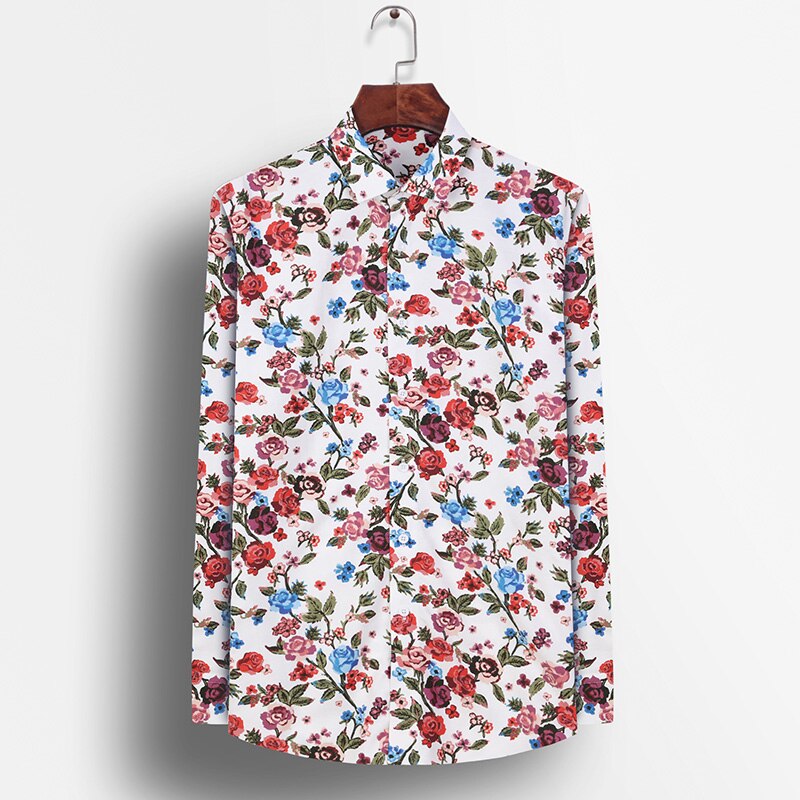 Männer Blumen Druck Shirt lässig Langarm Gedruckt Blume Hemden Kleid schlank passen