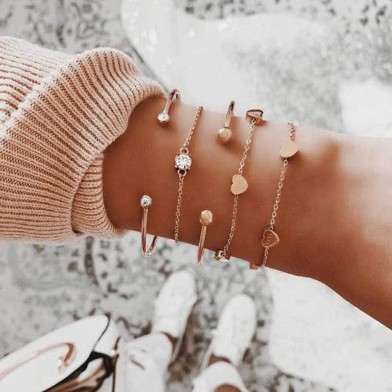 Tocona Korean Crystal Heart Bracelets Layered Open Adjustable Hand Chain Women's Bracelet Jewelry 8319