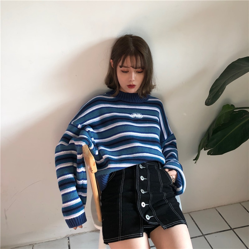 Vrouwelijke Koreaanse Harajuku Kleding Voor Vrouwen Losse Wilde Gestreepte Student Trui Vrouwen Truien Kawaii Ulzzang Trui Jumper