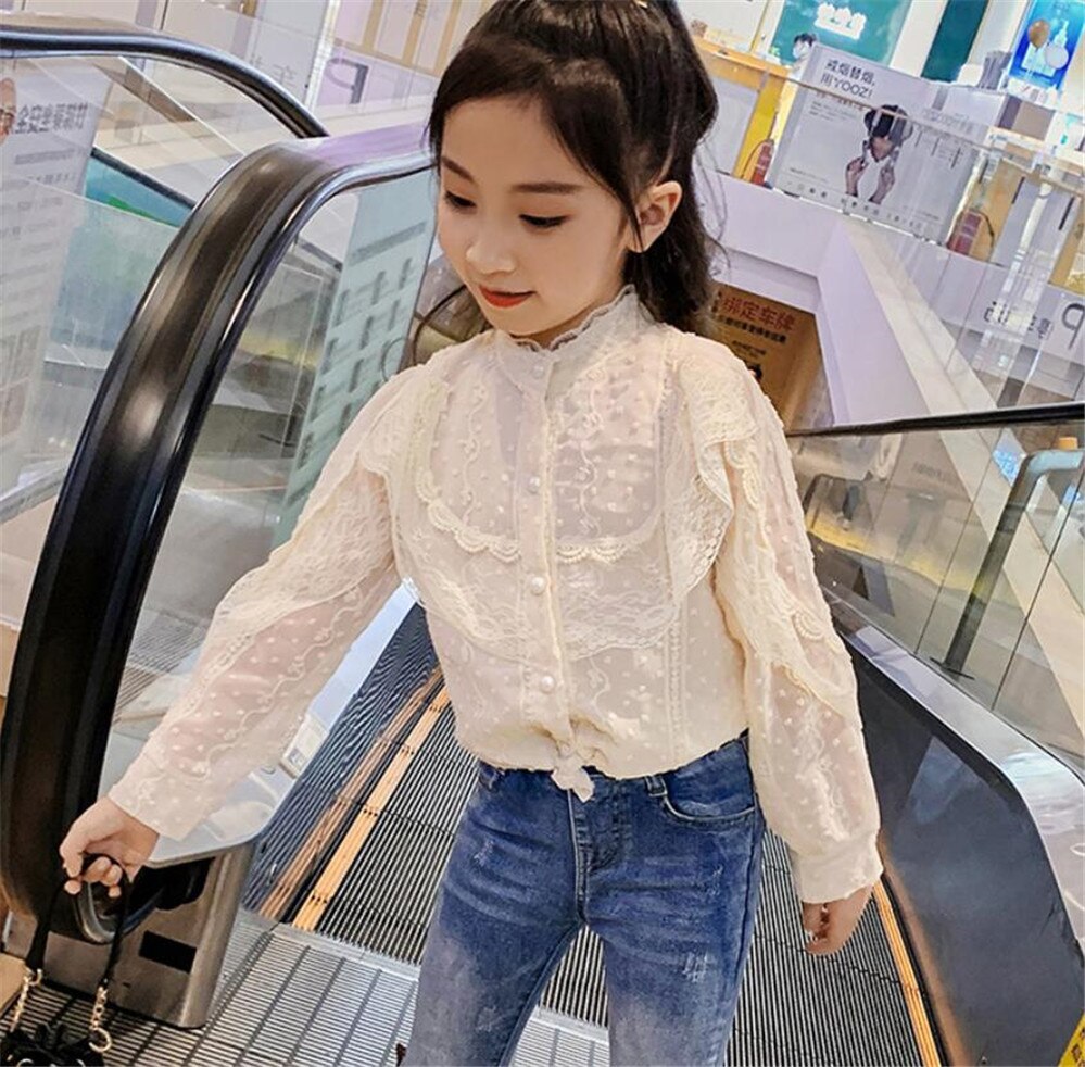 Blouse For Girls Lace Flower Girls Blouses Spring Autumn Girls Blouse Casual Style School Uniform For Girls 6 8 10 12 14 AA4836