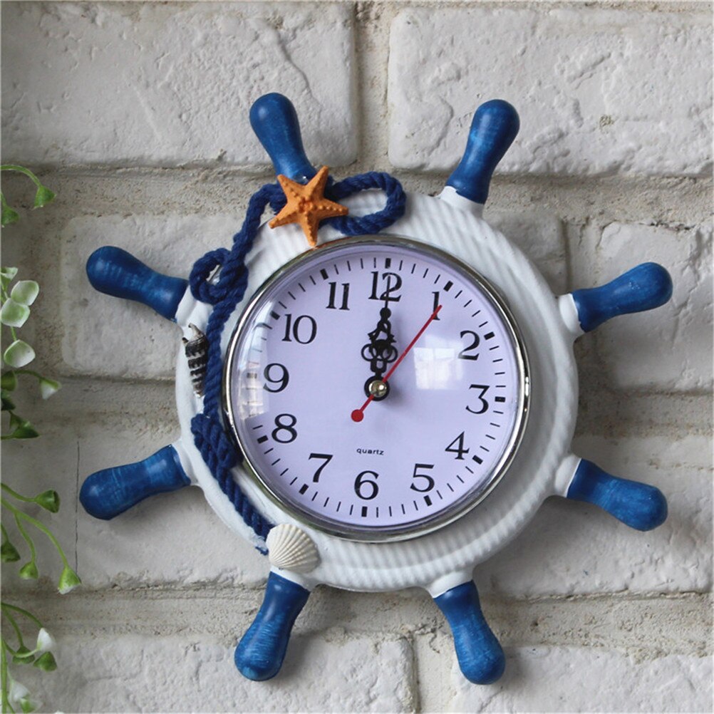 Home Wall Clock Decoration Round Retro Wood Mediterranean-Style Rudder Anchor Saat Needle Wall Hanging Clock
