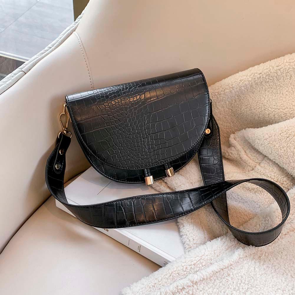 INS Women Half Moon Crossbody Bag Retro Crocodile Pattern Soft Pu
