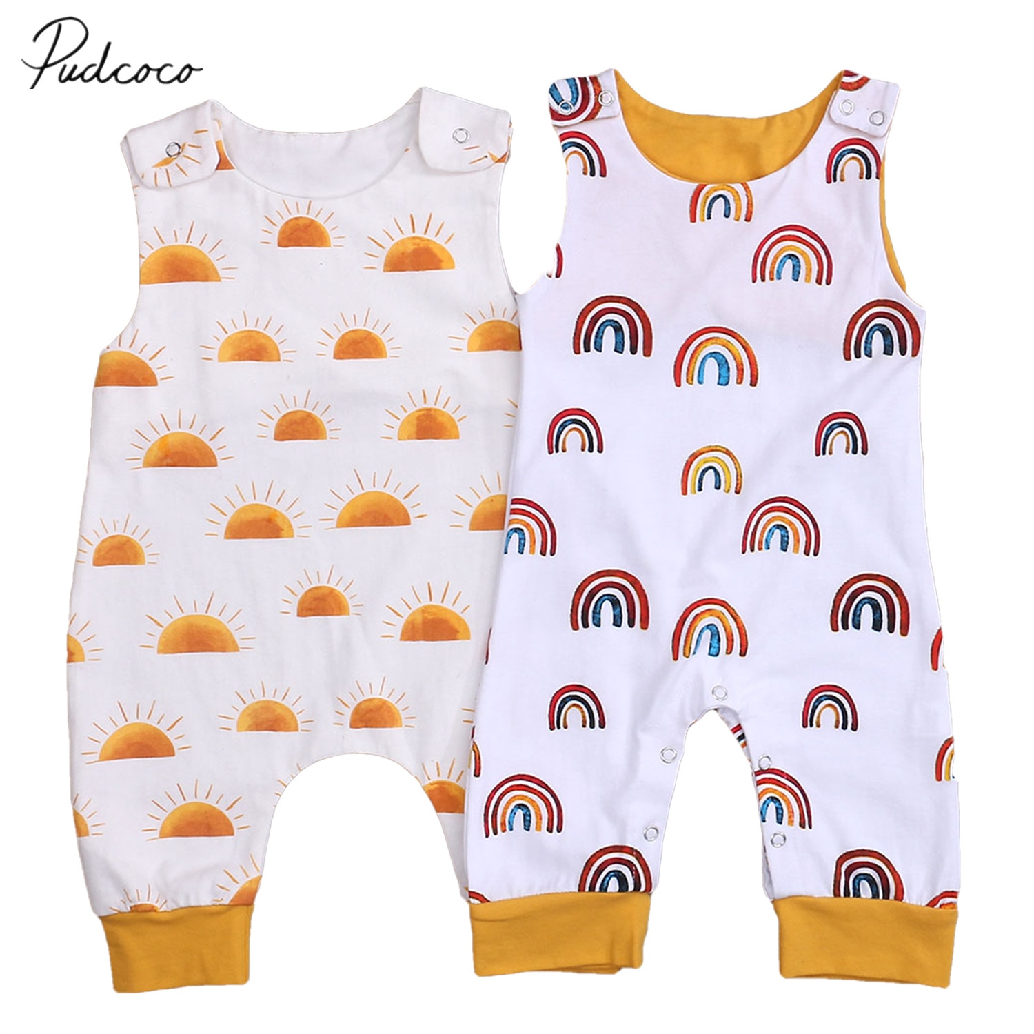 Infant Baby Boys Sleeveless Jumpsuit Summer Rainbow/Sun Printing Round Collar Romper Clothing for Travel Vacation