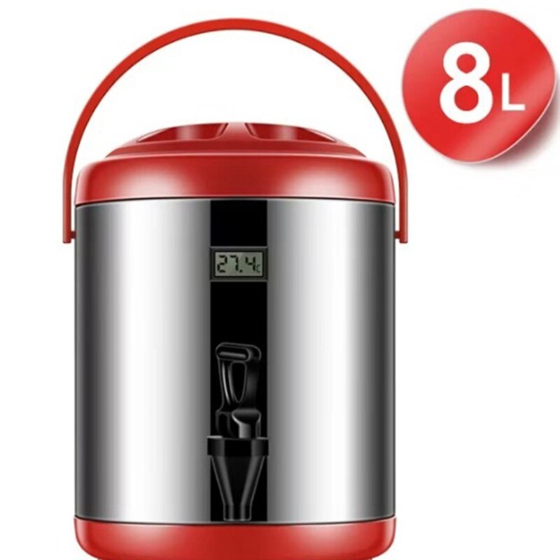 three colors 8L milk tea dispenser stainless steel heat preservation bucket with temperature measure function: cerise
