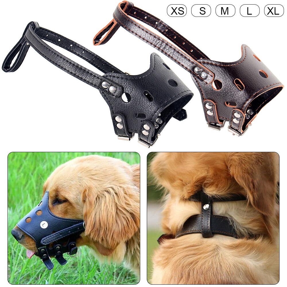 Cuero de la PU perro bozal ajustable transpirable Mascarilla Anti ladrar morder masticar seguridad suave bozales formación para pequeñas perros grandes de la boca