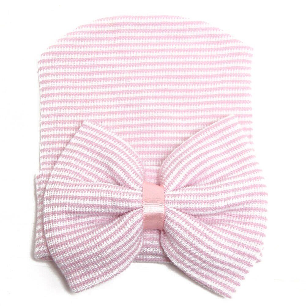 Bonnet à nœud papillon pour bébé unisexe, accessoires pour -né, confortable, à rayures, doux et , pour hôpital,: Rose