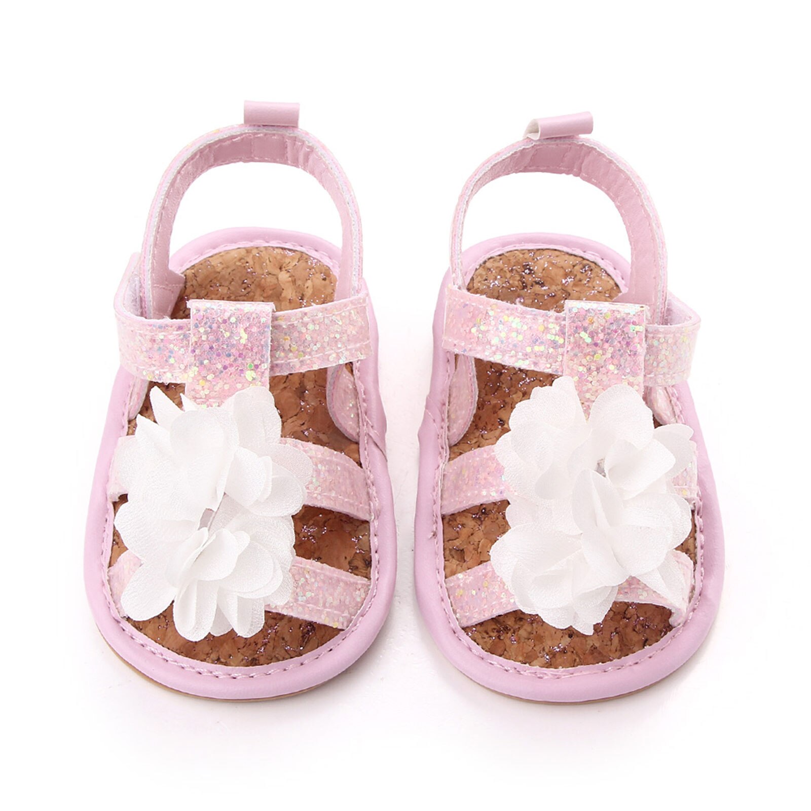 Baby Anti-Slip Platte Schoenen, Bloem En Pailletten Patroon Zachte Zool Sandalen Voor Baby Meisjes, wit/Grijs/Roze: Roze / 9-12 Months