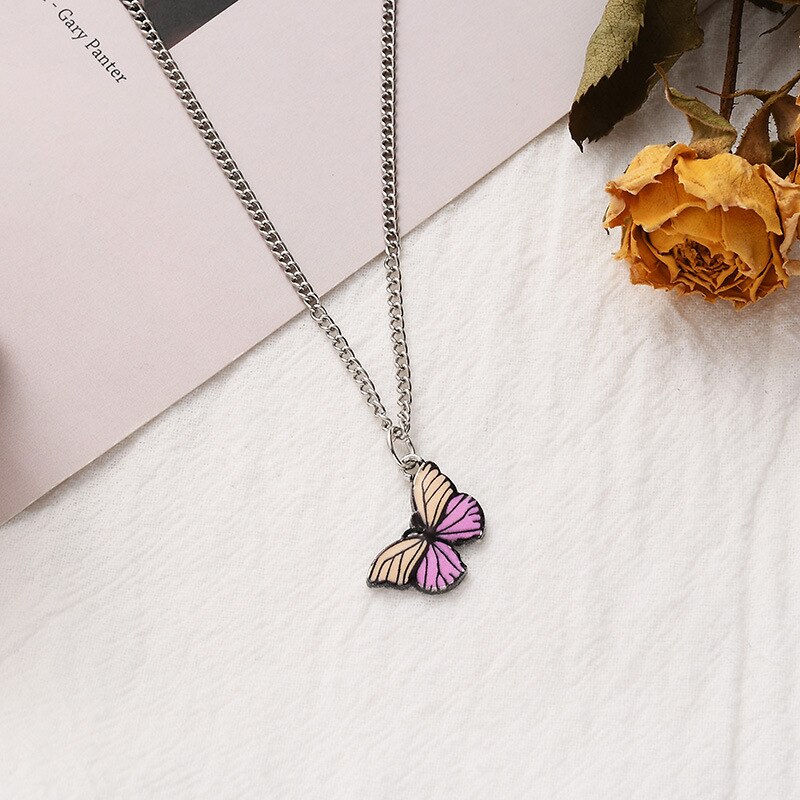 Koreańska, niebieska gradientowa motyl naszyjnik dla kobiet dziewczyn kolor srebrny motyle wisiorek choker naszyjniki biżuteria prezent hurtownia: B