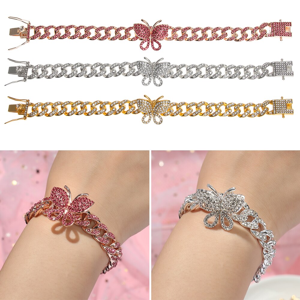 1 Pc Zirkoon Vlinder Enkelband Bling Strass Cubaanse Link Chain Enkelbanden Voor Vrouwen Brede Voet Armbanden Boho Strand Sieraden