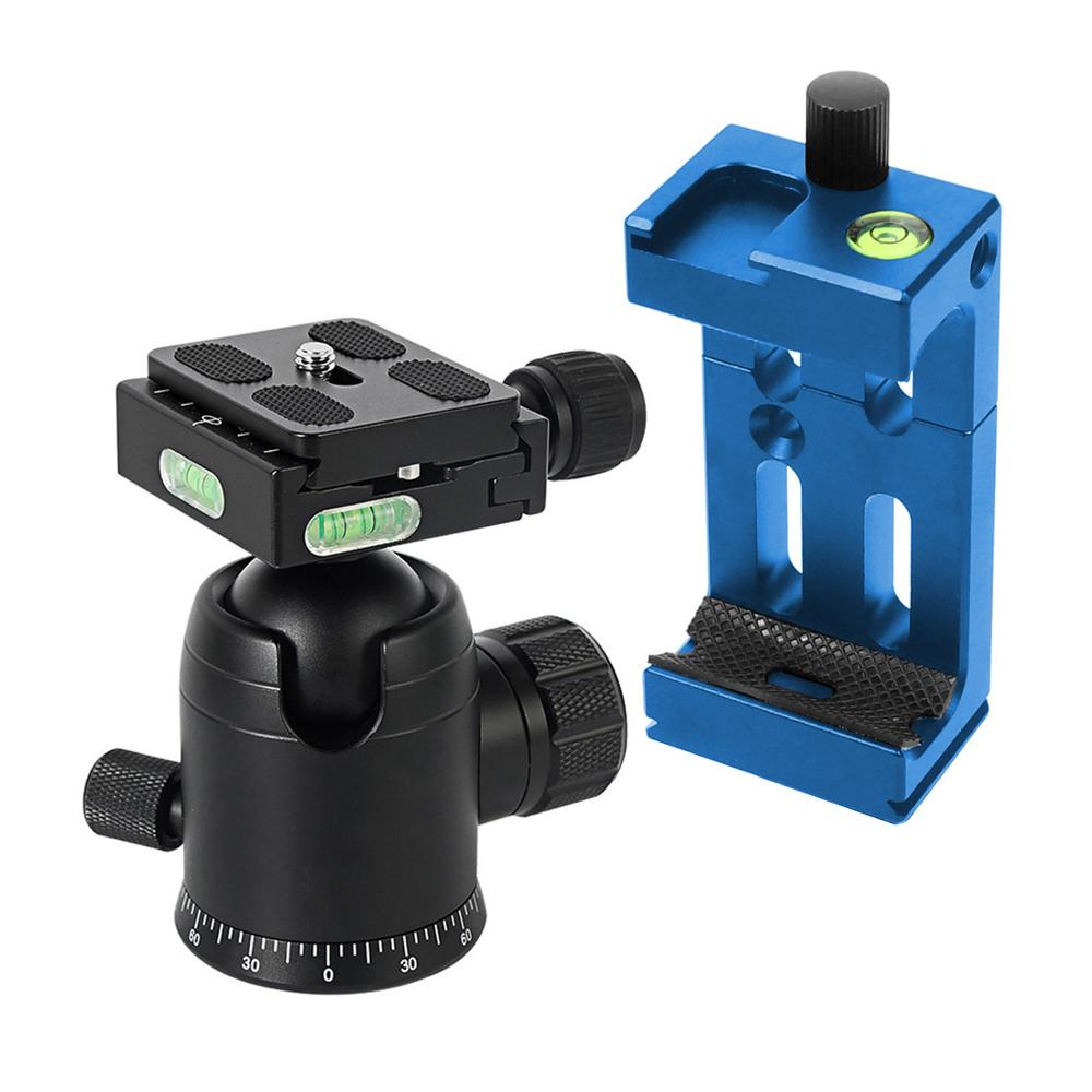 Soporte de trípode panorámico de rotación de 360 grados BGNing 36mm con pinza de teléfono móvil de placa QR para cámara DSLR carga máxima 10kg: Blue clip set
