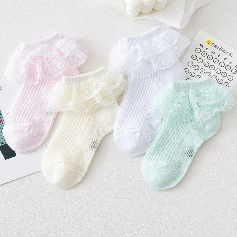 Chaussettes d'été en maille pour bébés filles, de chaussettes courtes en coton respirantes à volants en dentelle à fleurs