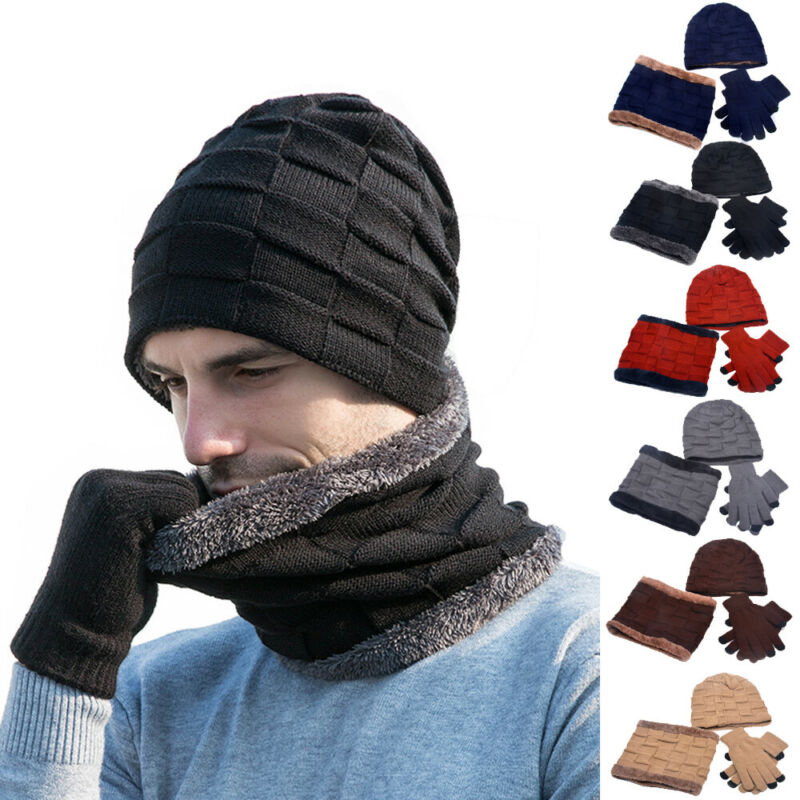 3 stykker 220 vinter varme beanie hatte tørklæde og berøringsskærm handsker sæt til mænd og kvinder vinter varm plaid strik pels cap sæt