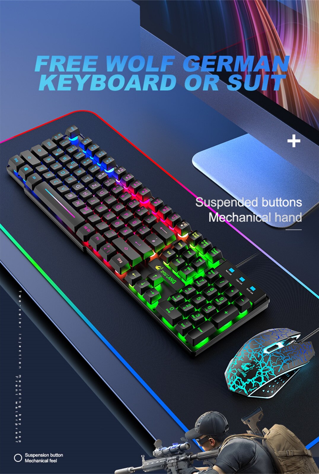 keyboard and mouse set T13 rainbow backlit USB ergonomic gaming keyboard and mouse set for PC laptop