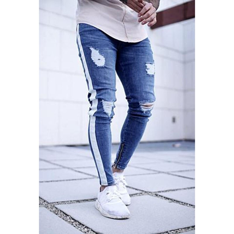 Jean homme avec bande latérale Patchwork déchiré jean en détresse coupe mince homme crayon pantalon pleine longueur Denim hommes vêtements pantalon