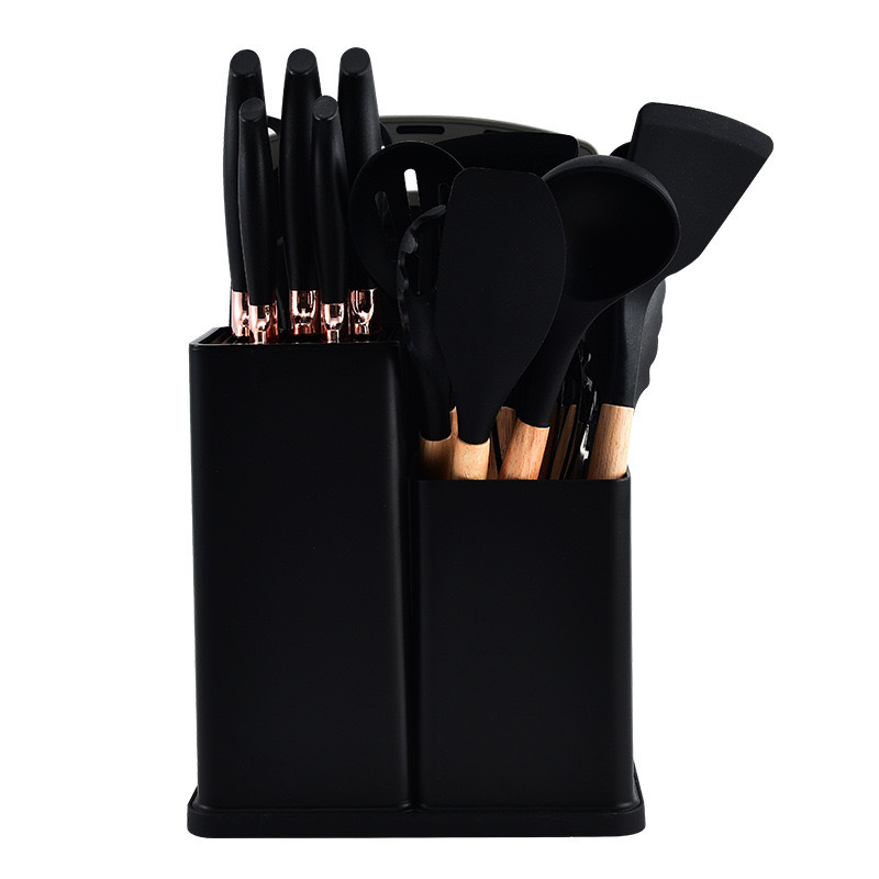 Utensilios de cocina de silicona con mango de madera, juego de ollas antiadherentes, Cubo de almacenamiento, 19 piezas: Negro