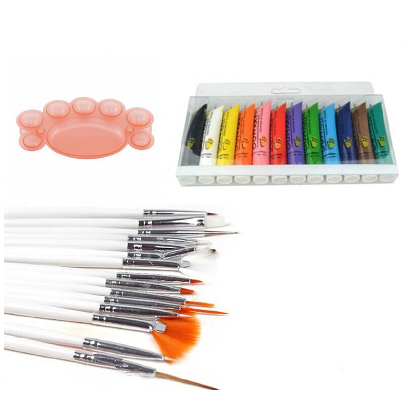 12 kleuren acryl nail art pigment palet met 15 penselen, 28 stuks nail art display palet, manicure tools