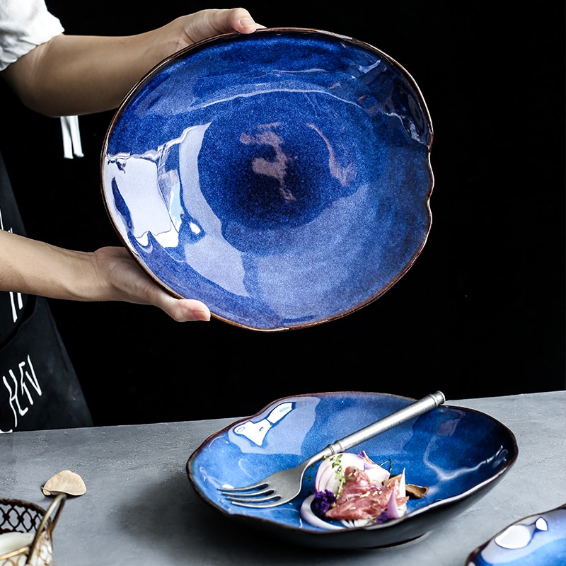 Prato de cerâmica irregular louças, prato de comida ocidental da série europeu azul de salada de vidro prato principal utensílios de cozinha