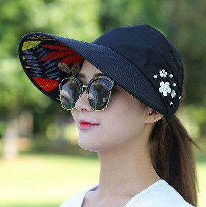 Kvinder sommer solhatte strand hat beskyttelse uv beskyttelse kvinde kasket afslappet dame sommer kasketter hestehale bred skygge hat: Sort