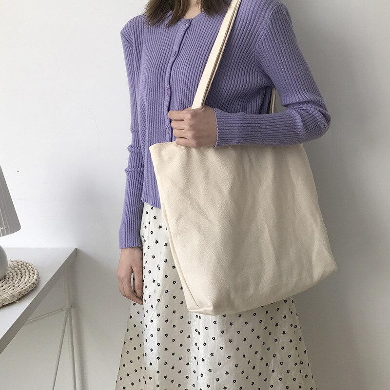 Saco de compras de lona de grande capacidade casual all-match bolsa de ombro feminina de cor sólida sacola de estilo universitário saco de escola aberto: Beige