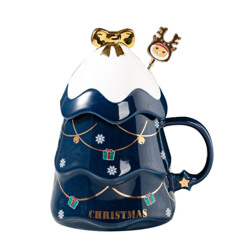 500ML Christmas Tree Shaped Tea Cups Milk Mugs Coffee Cups with Lids Funny Mugs Ceramic Material Cups 4 Colors to Choose
