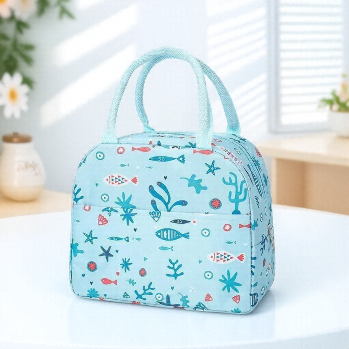 Functional Pattern Cooler Lunch Box Portable Insulated Canvas Lunch Bag Thermal Food Picnic Bag for Women Kids: SKY BLUE