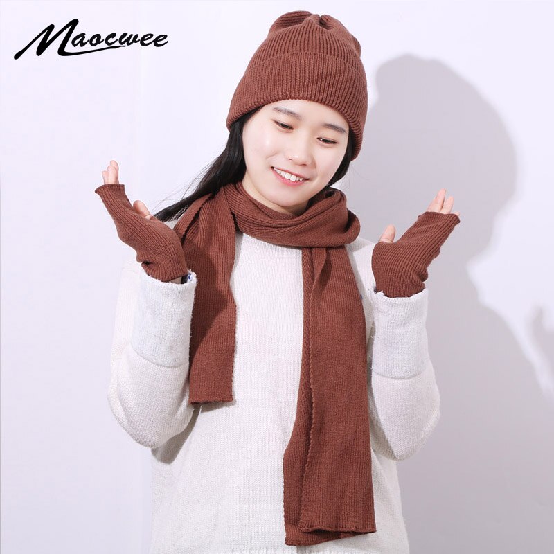 Kvinner vinter kanin hairr hansker skjerf lue tredelt sett kvinnelig strikk utendørs varm hatt caps skullies beanies sett