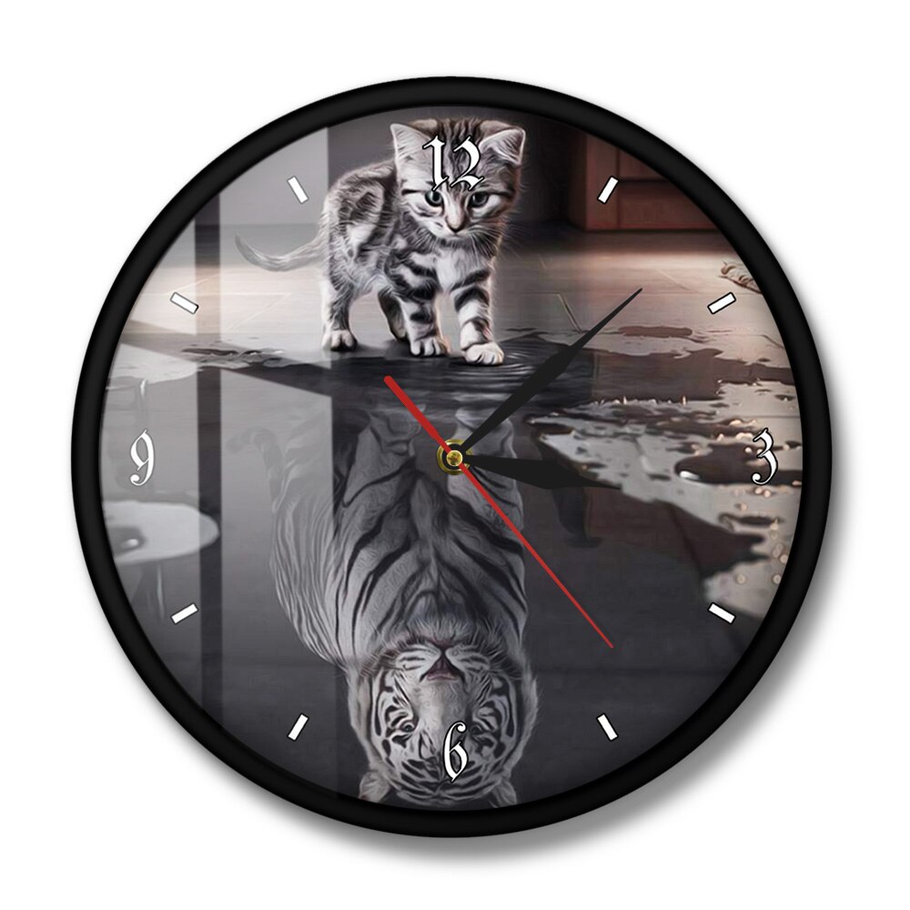 Gato Malhado Reflexão White Tiger Art Home Decor Relógio De Parede Motivacional Reflexão Reflexão da Alma Do Gato Relógio de Parede Tigre: Metal Frame