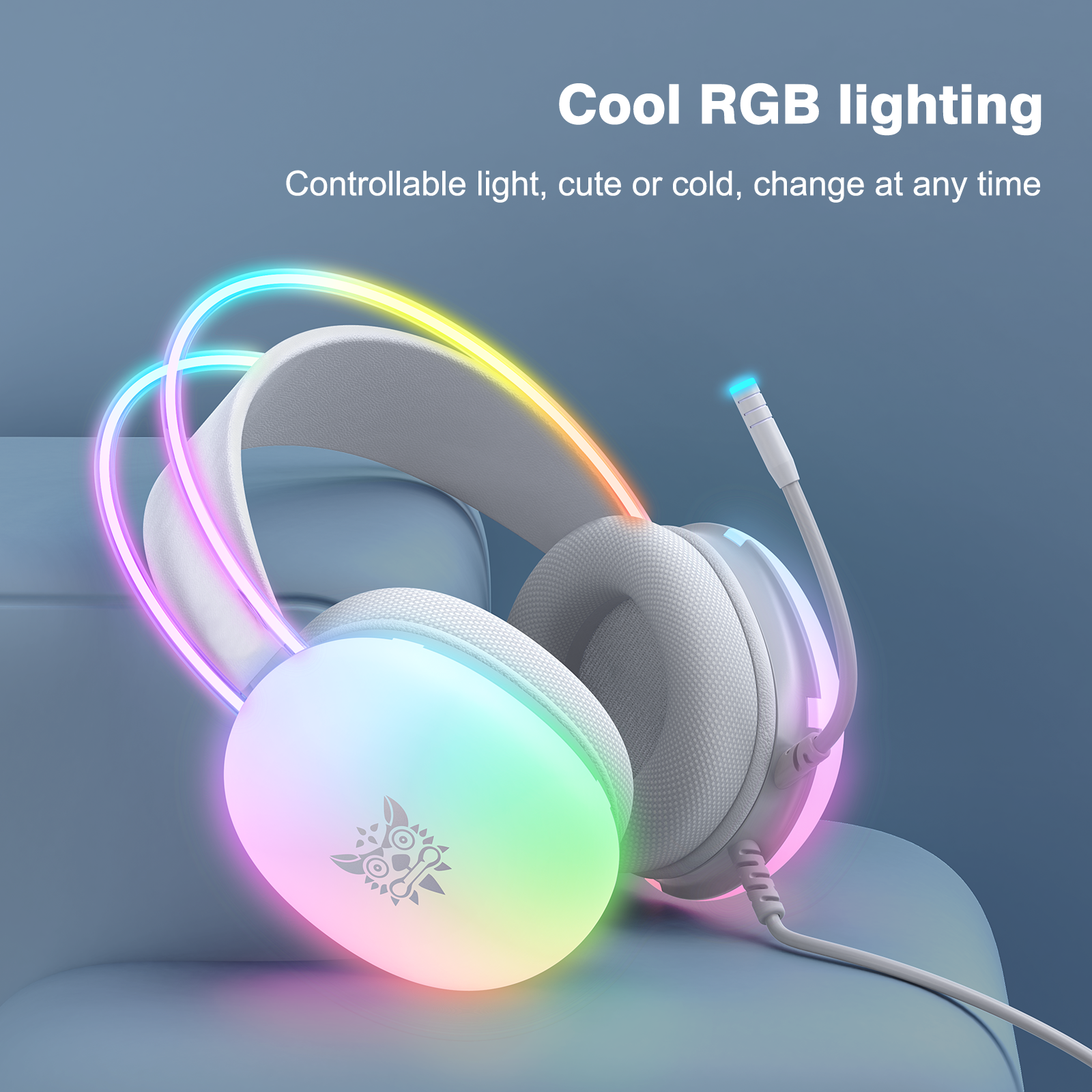 Onikuma gaming headset with fully illuminated dynamic rgb lighting, wired gaming headphones, noise-canceling microphone, portable headphones