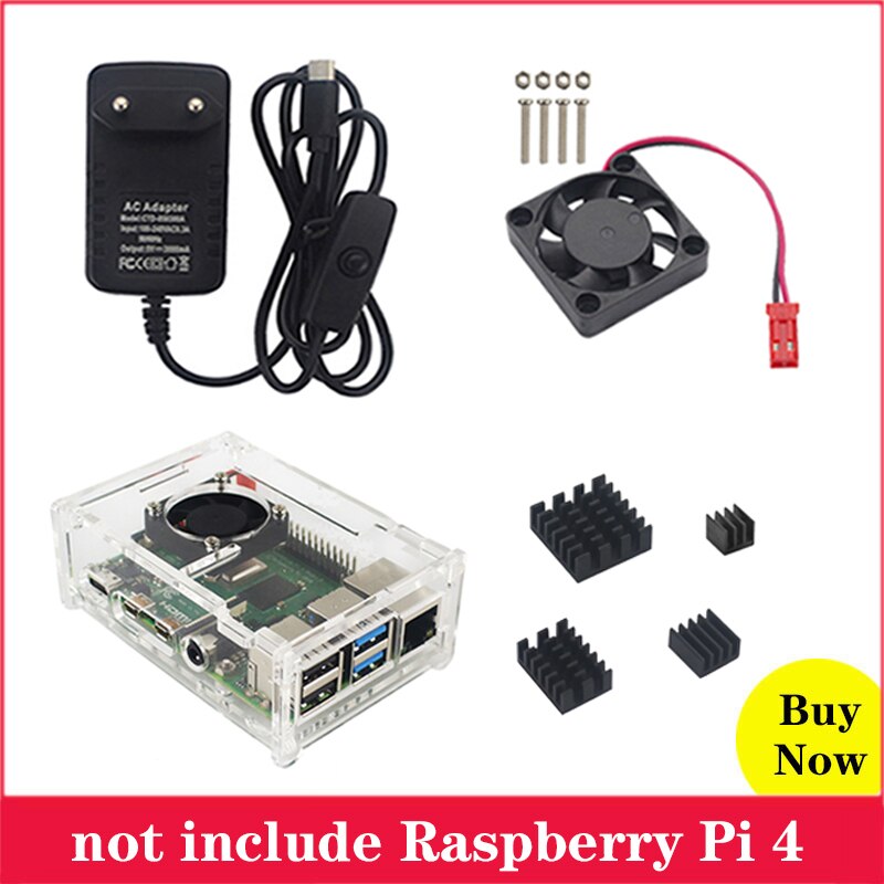 Raspberry Pi 4 Acrylic Case + Fan + Power Supply Adapter + Aluminum Heat Sink for Raspberry Pi 4 Model B RPI 4B: Bundle 1