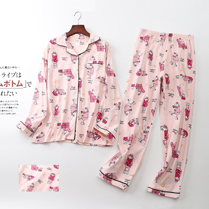 Pyjama dames s 100%  katoenen 2-- delige pyjama lange mouwen broek nachtkleding herfst winter pyjama dames print cartoon huiskleding: Roze schaap / Xl