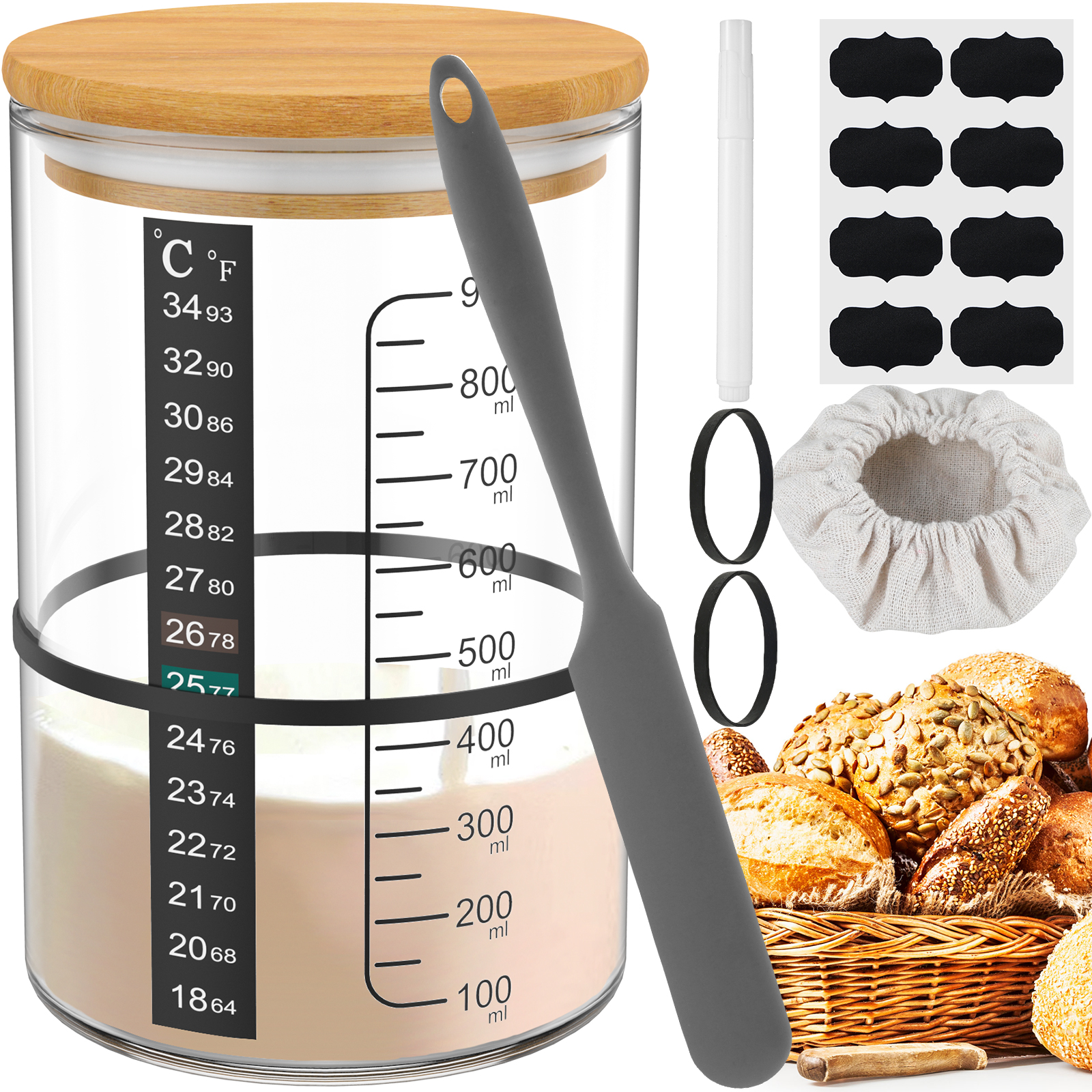 Jarra de vidro transparente para partida de massa fermentada, 900ml, kit de boca larga com tampa, jarra de fermentação para cozimento, armazenamento de alimentos