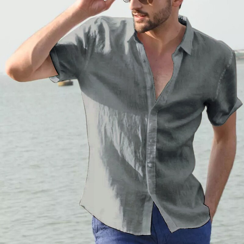 Herren lässig Kurzarmhemden Freizeit Straße tragen Revers Taste-Nieder Einfarbige Hemden für Männer Jahrgang Urlaubsbluse M-3XL