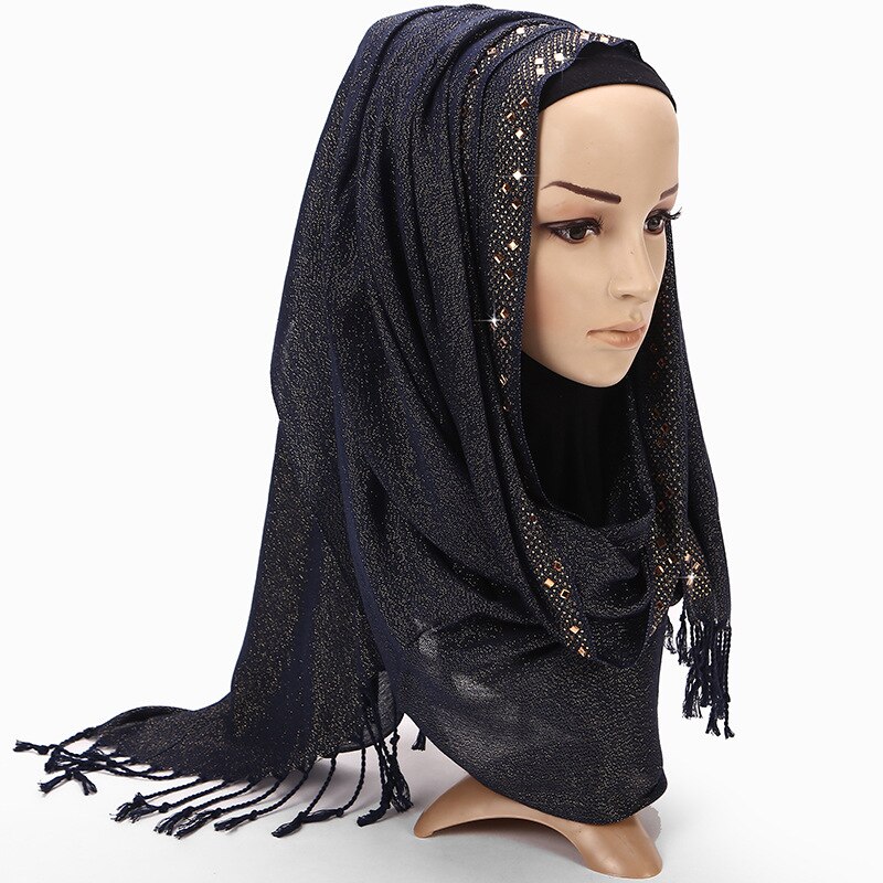 Enfärgad svart vit grön vanligt huvud hijab halsduk bandana dam diamant glitter lång viskos tofs fransar halsdukar