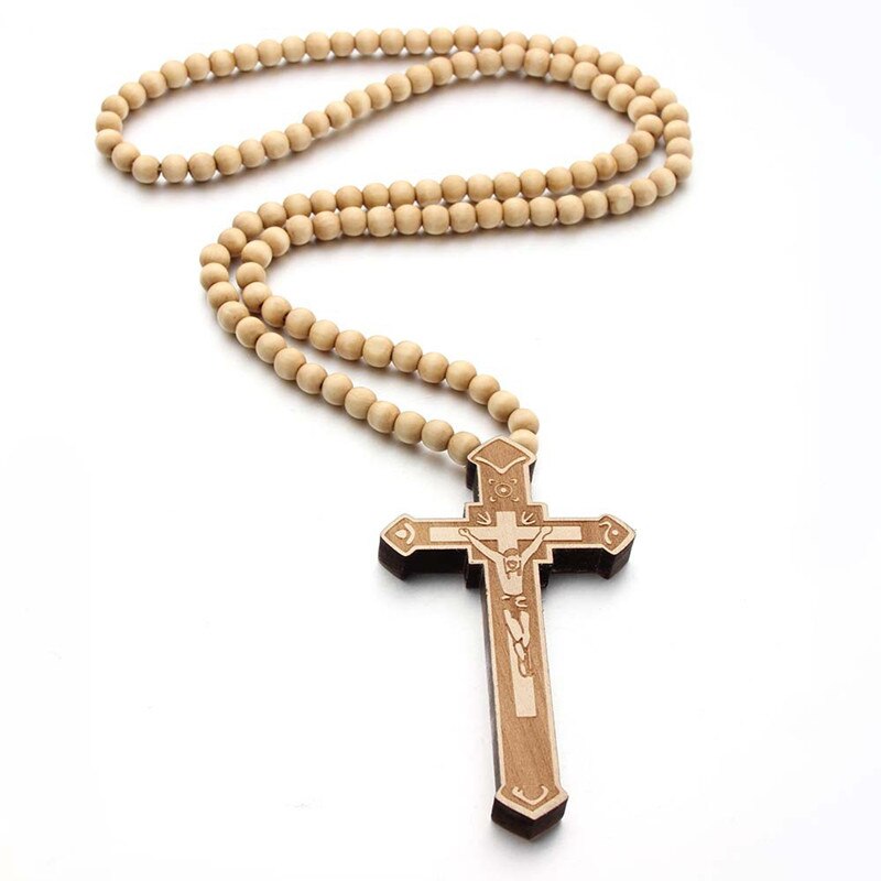Heldig træ katolsk jesuskors med træperle udskåret rosenkrans vedhæng lang collier erklæring halskæde mænds smykker: Gul