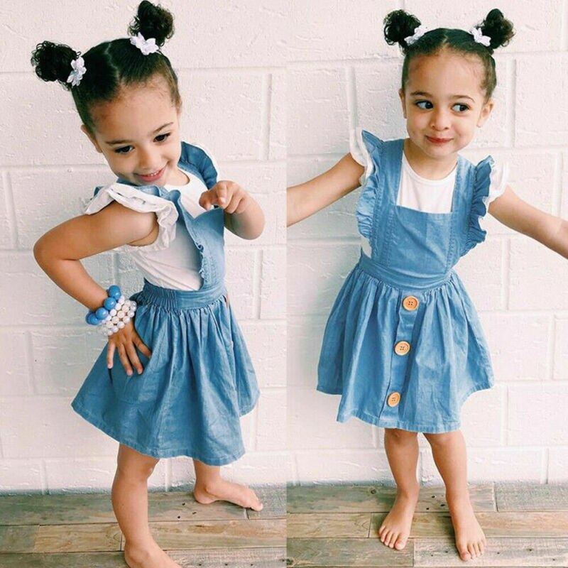 Vestido de mezclilla de verano para niñas, sin mangas, con botones y volantes, Mini vestido de princesa, sin espalda, Ropa para Niñas, vestidos informales para niños