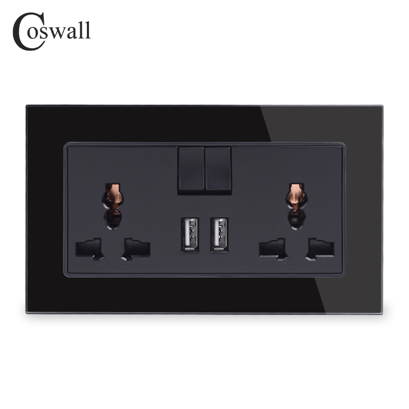 Coswall 13A Universele Stekkerdoos 2 Usb Charge Port Voor Mobiele Output 2.1A Stopcontact Crystal Glass Panel Knight Zwart