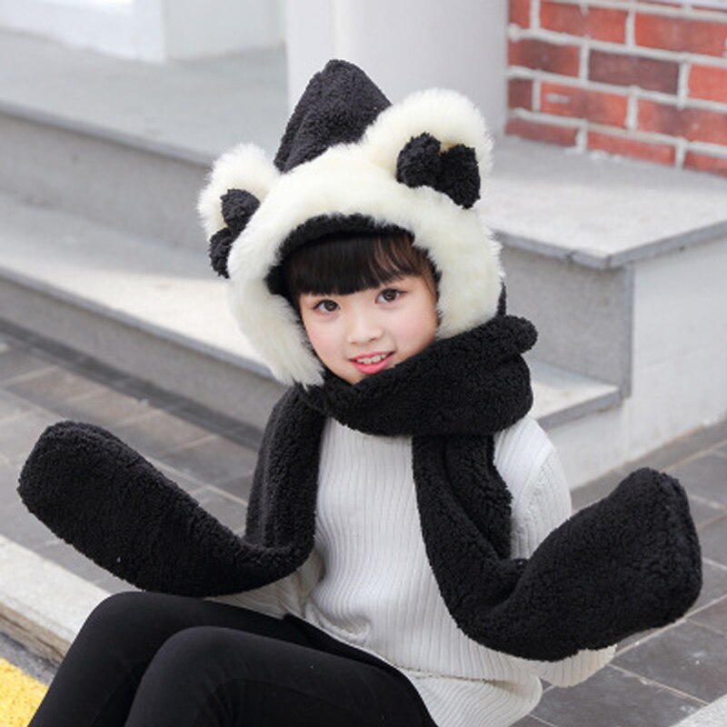 Foux Bomber Hats Women Kids Parent Child Winter Bear Ears Russian Cap Scarf Neck Gloves Snow Warm Baby Boy Girl Ushanka Trooper: Kid Black